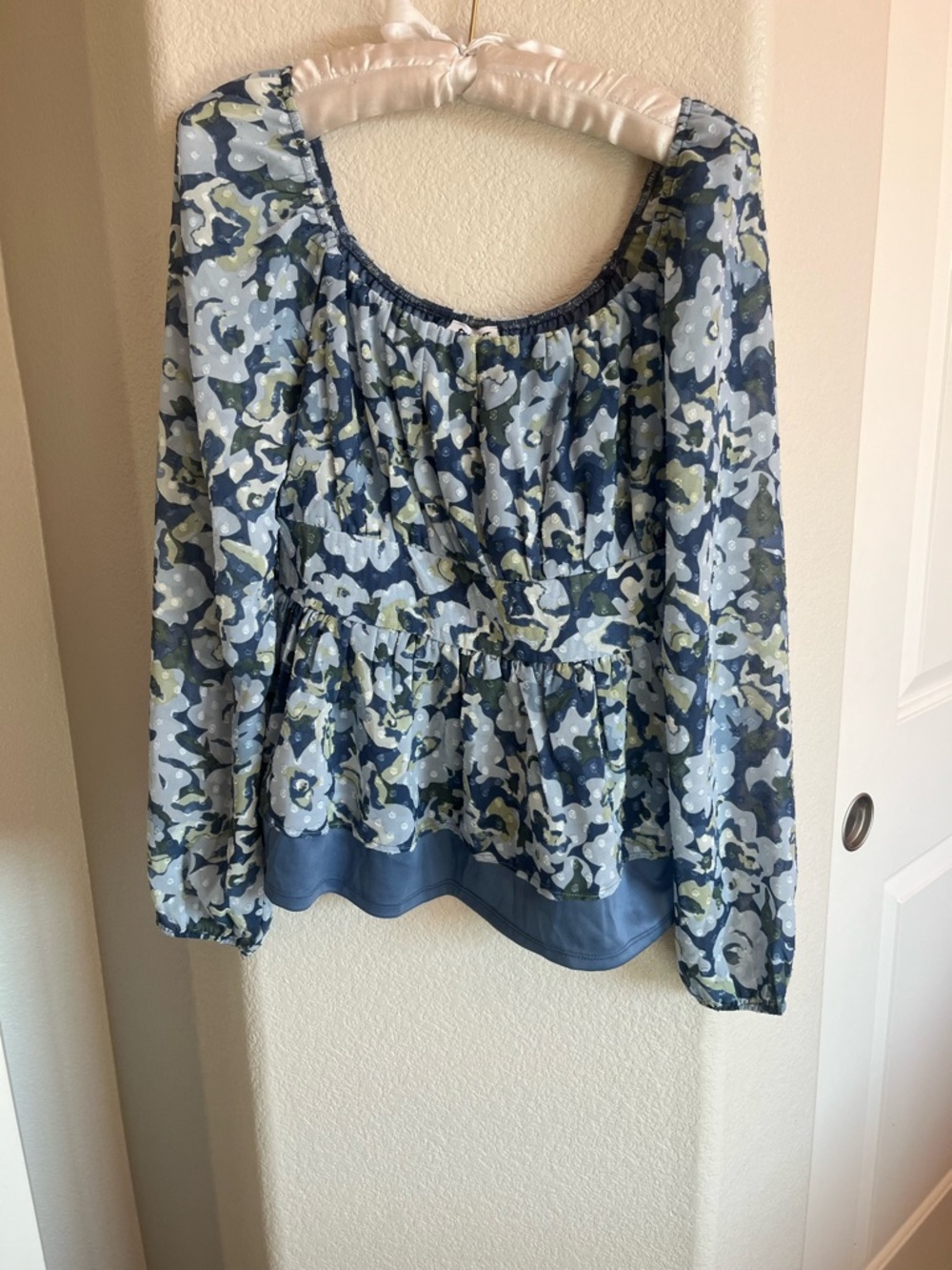 Planet Gold Floral Blue Peplum Long-Sleeve Blouse